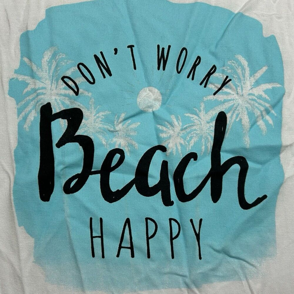 Ava James Large White “Don’t Worry Beach Happy” Graphic Knot Shoulder Tank Top - Picture 2 of 6